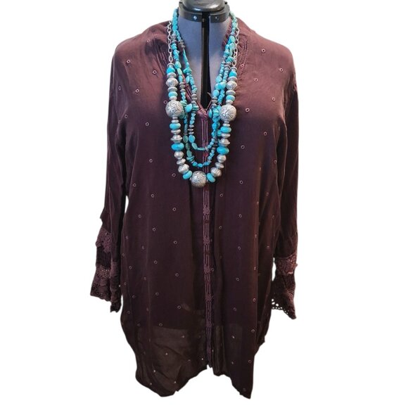 Johnny Was Marron/Burgundy Lace Embroidered Bohemian Top Sz XXL - Picture 7 of 11